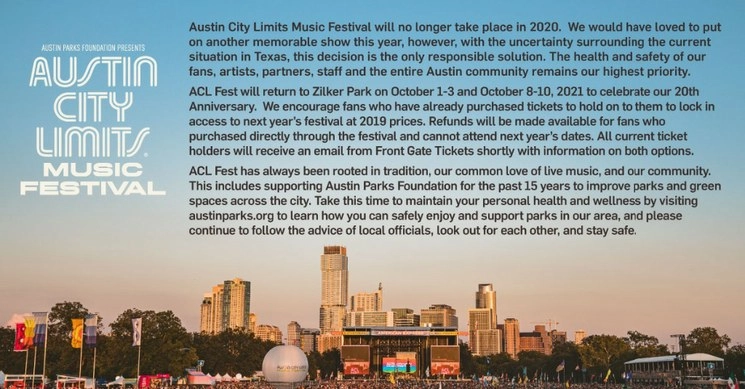 Los organizadores del festival consideran que la suspensión del evento era “la única solución responsable”. Foto tomada del Twitter del @aclfestival
