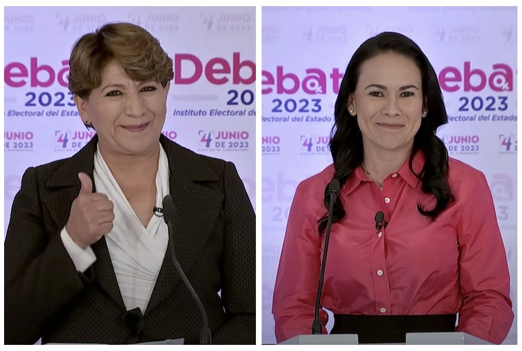 Delfina Gómez (izq.) y Alejandra del Moral (der.), durante el debate entre candidatas a la gubernatura del Estado de México. Captura de pantalla tomada de la transmisión en vivo.