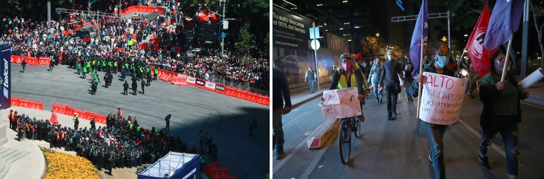 Miles vieron ayer un par de vueltas del piloto mexicano Sergio 'Checo' Pérez sobre el circuito montado en el Paseo de la Reforma. El espectáculo se interrumpió porque feministas ocuparon el Ángel de la Independencia. Por la noche, repartidores por aplicaciones marcharon por mejores condiciones laborales. Foto Víctor Camacho y Yazmín Ortega Cortés