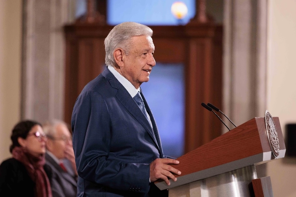 El presidente López Obrador, desde Palacio Nacional durante su conferencia de esta mañana. Foto Presidencia