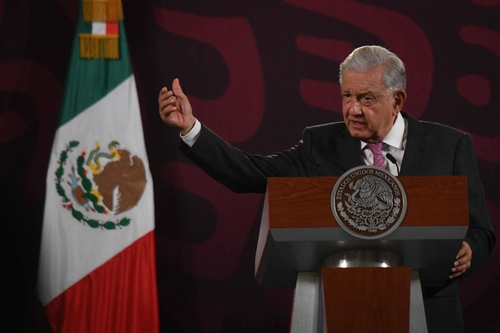 El presidente López Obrador, durante su conferencia de este martes 14 de mayo, desde Palacio Nacional. Foto Cuartoscuro 
