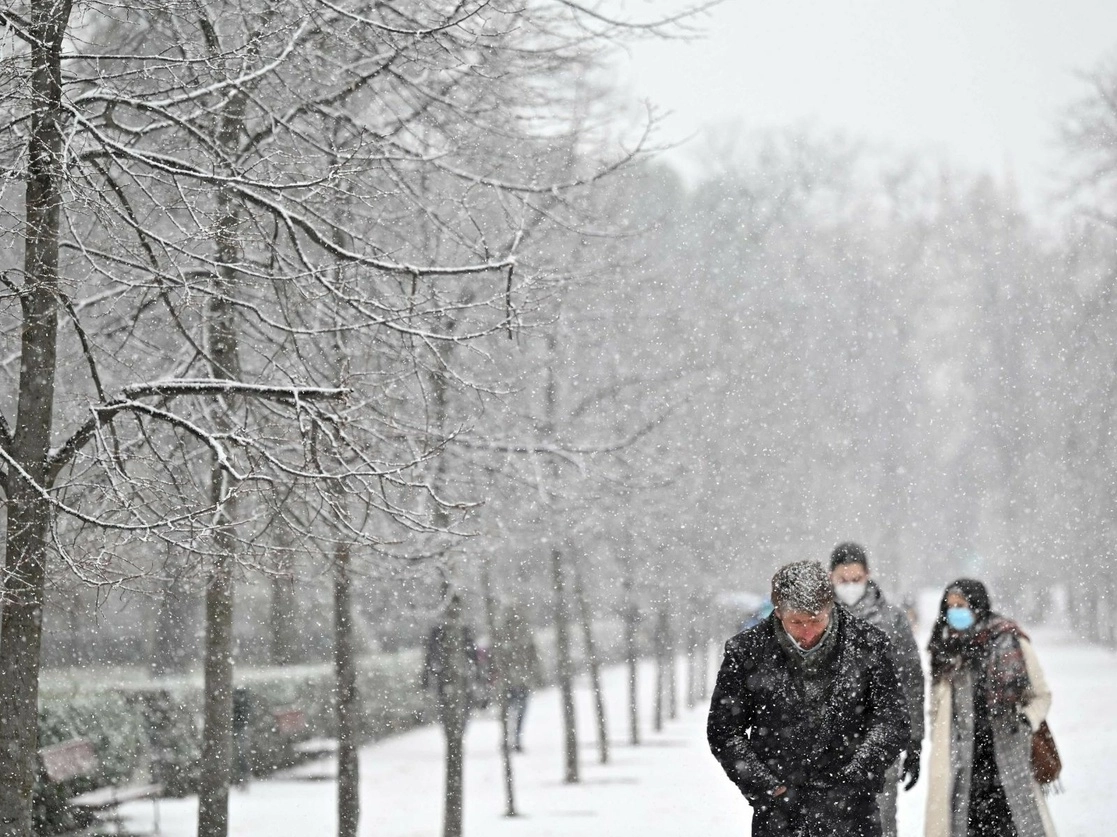 España vive unas fuertes nevadas que podrían cubrir hasta la mitad del país de aquí al domingo. La imagen, en el parque del Retiro en Madrid, el 7 de enero de 2021. Foto Afp 