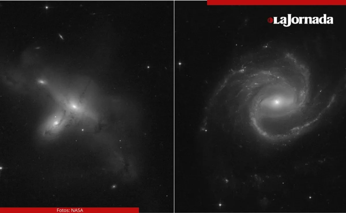 A la izquierda, un raro ejemplo de un par de galaxias en interacción en el hemisferio sur. Derecha, una gran galaxia con inusuales brazos espirales extendidos. Foto