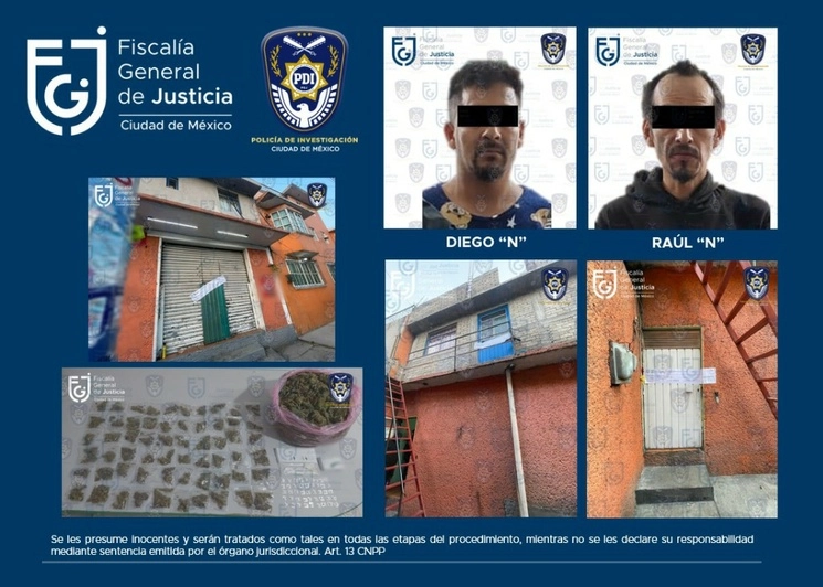 Además se detuvo a dos hombres que estaban en la vivienda, siendo presentados ante el agente del Ministerio Público junto con los indicios, que continuará con las indagatorias. Foto FGJCDMX
