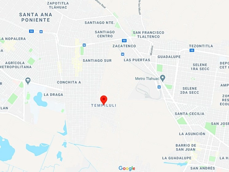 Al menos 300 familias que fueron desalojadas en febrero pasado del predio Tempiluli en Tláhuac. Imagen tomada de Google Maps
