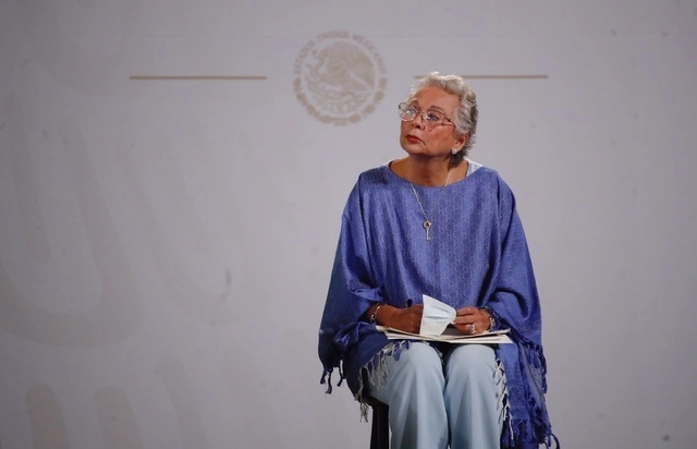 La titular de Segob, Olga Sánchez Cordero durante conferencia de prensa matutina en imagen de archivo. Foto Cristina Rodríguez