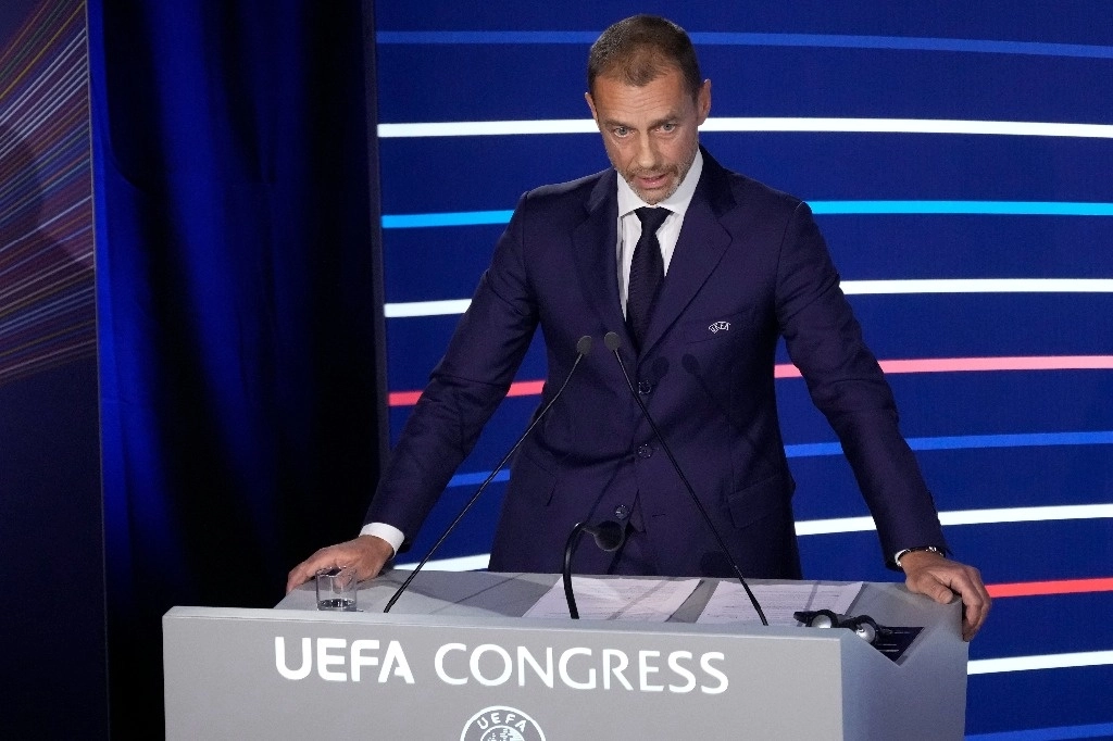 Aleksander Ceferin durante el Congreso de la UEFA en París, Francia, el 8 de febrero de 2024. Foto Ap