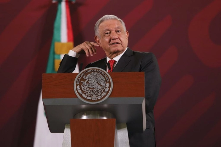 El presidente Andrés Manuel López Obrador durante su conferencia matutina desde Palacio Nacional, Ciudad de México, el 14 de agosto de 2023. Foto Pablo Ramos