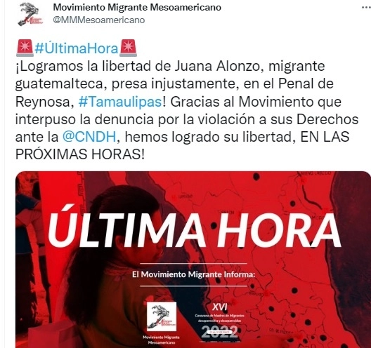 Movimiento Migrante Mesoamericano  también celebró la liberación.