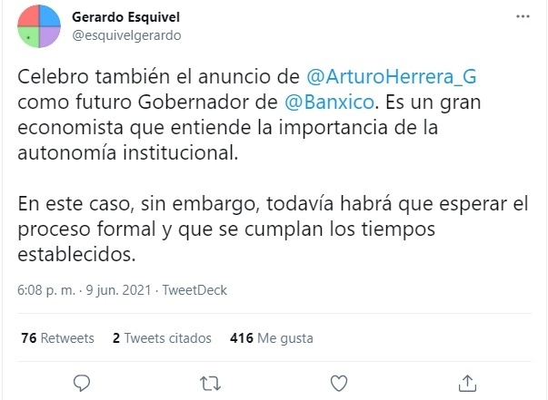 Publicación del funcionario en su cuenta de Twitter.