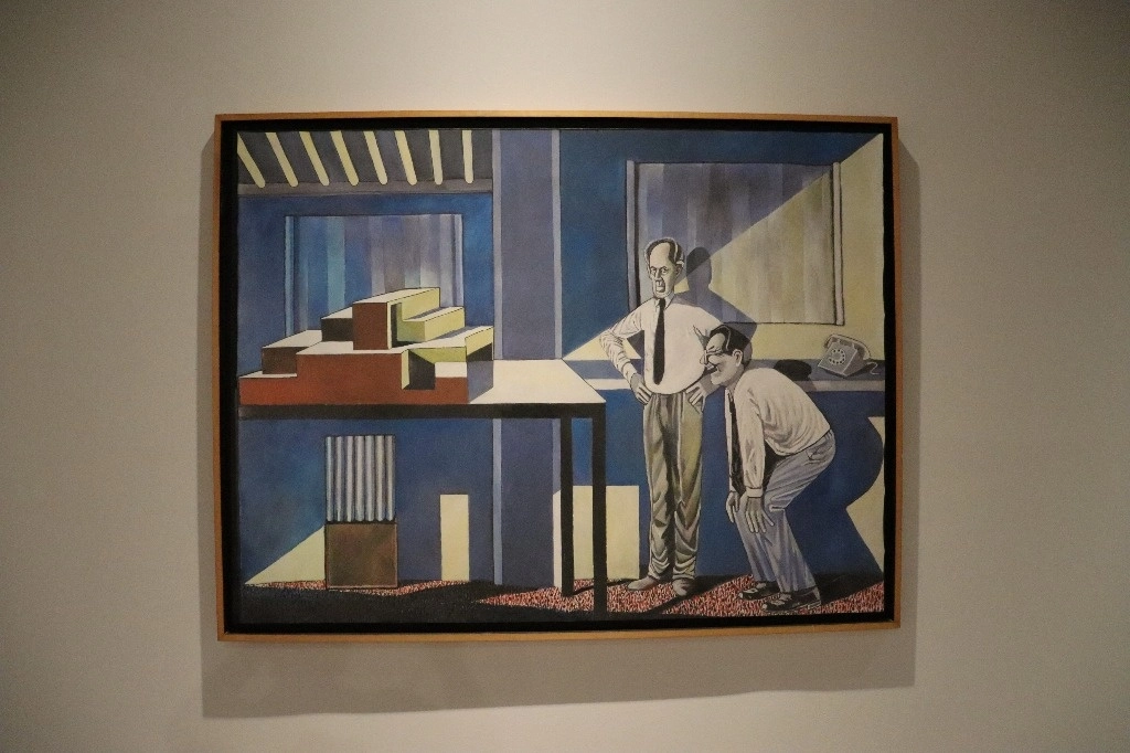 Moisés Zabludovsky, hijo del arquitecto, realizó el cuadro ‘Mito, fantasía y realidad del Museo Tamayo’ (2014) en el que recrea el momento en que su padre y Teodoro González de León diseñaron el recinto ubicado en el Bosque de Chapultepec. Foto cortesía del Colegio de San Ildefonso 