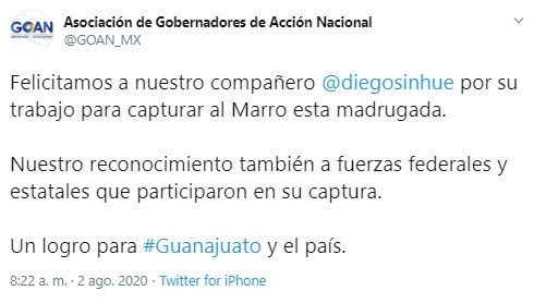 A través de la cuenta de Twitter de la Asociación de Gobernadores de Acción Nacional  (@GOAN_MX), los mandatarios panistas reconocieron a las Fuerzas Federales y Estatales que participaron en esta detención de ‘El Marro’