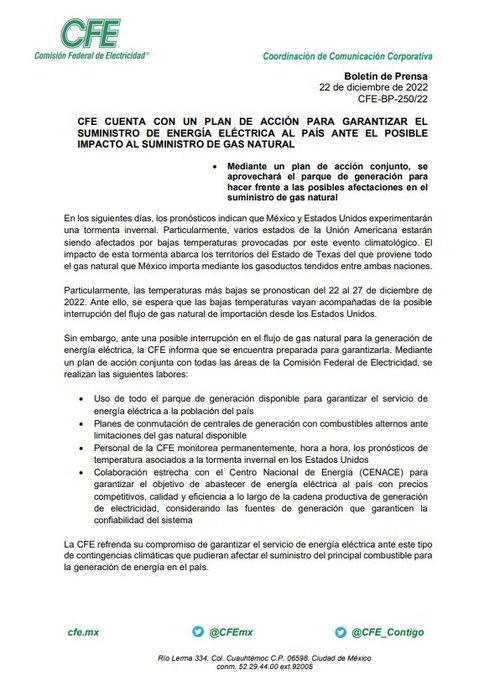 Boletín que difundió la CFE en sus redes sociales.