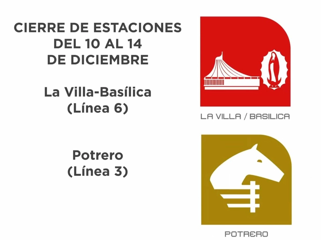 Del 10 al 14 de diciembre, las estaciones del Metro La Villa-Basílica de la Línea 6 y Potrero, Línea 3, se mantendrán cerradas, como parte de las medidas de contingencia para prevenir contagios de Covid-19, en el marco de las fiestas guadalupanas. Imagen tomada del Twitter de @MetroCDMX