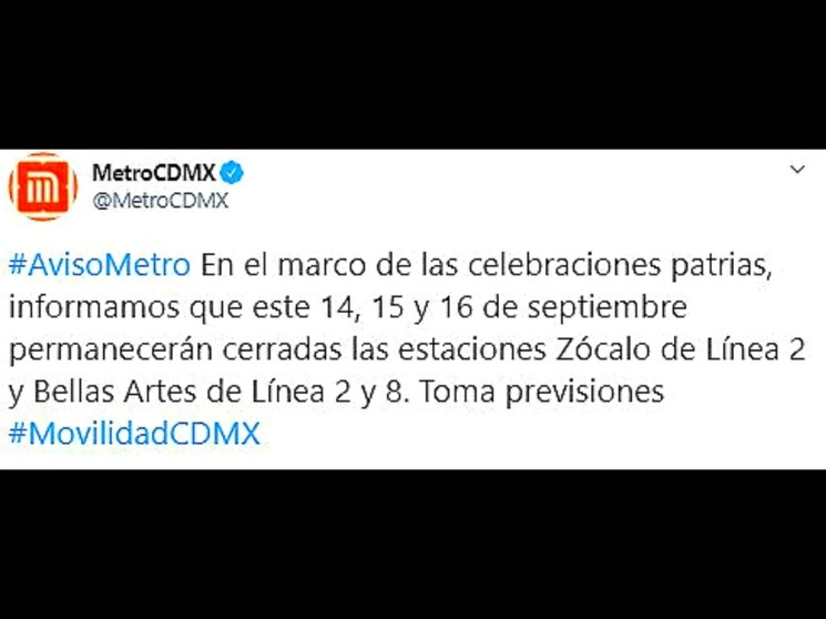 Los días 14, 15 y 16 de septiembre no prestarán servicio las dos estaciones del Metro. Imagen tomada del Twitter @MetroCDMX
