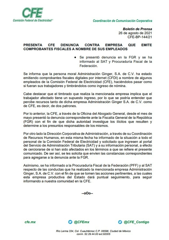 A través de un boletín se dio a conocer la información.