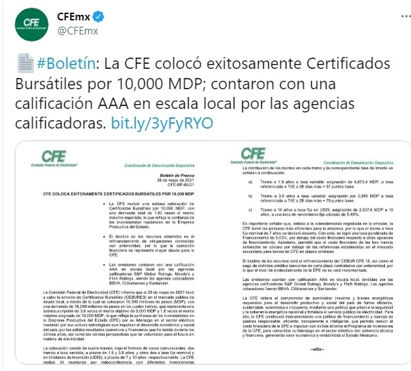 El organismo emitió un boletín para informar de la inversión.
