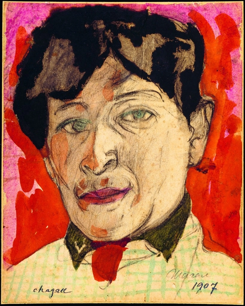 Autorretrato pintado con acuarela y tinta por Marc Chagall en 1907, el cual pertenece al Museo Nacional de Arte Moderno Georges Pompidou, en Francia. Foto Imágenes cortesía Fundación Mapfre 
