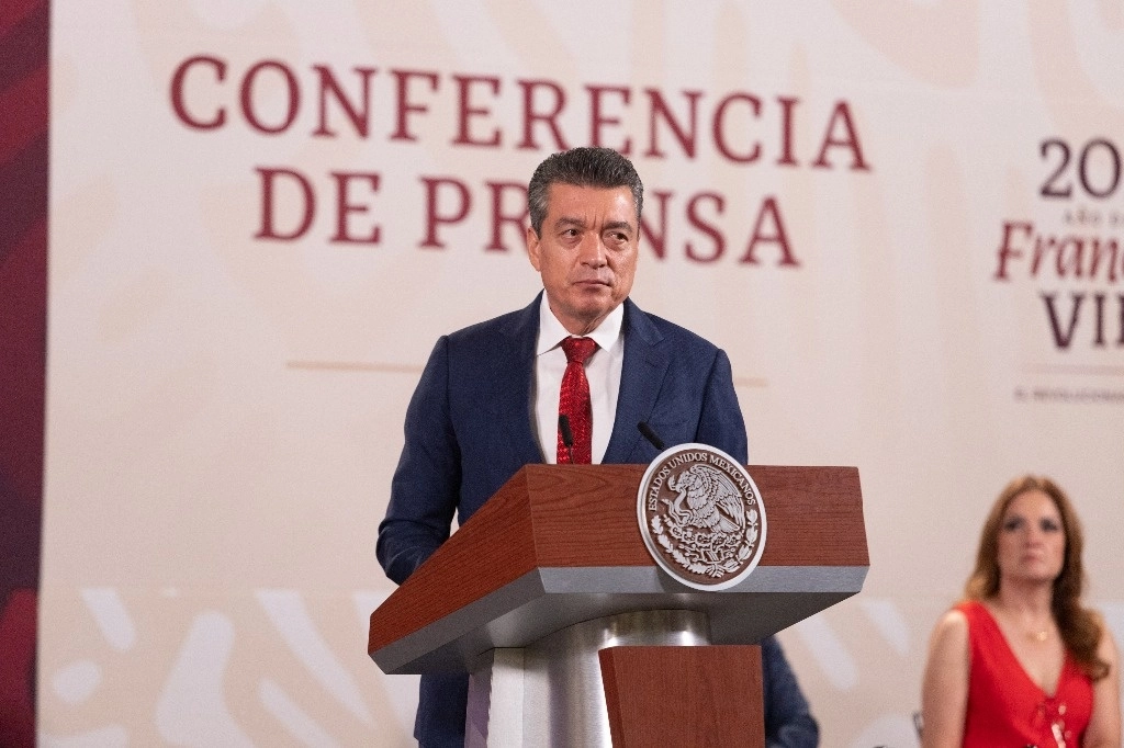 Rutilio Escandón, gobernador de Chiapa, en la conferencia matutina del presidente Andrés Manuel López Obrador, el 14 de agosto de 2023. Foto Pablo Ramos