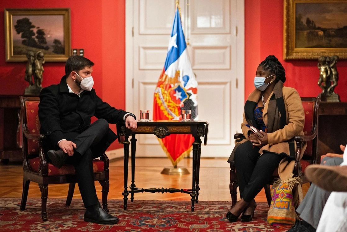 Francia Márquez, vicepresidenta electa de Colombia se reunió con Gabriel Boric en la residencia oficial chilena. Foto Afp

