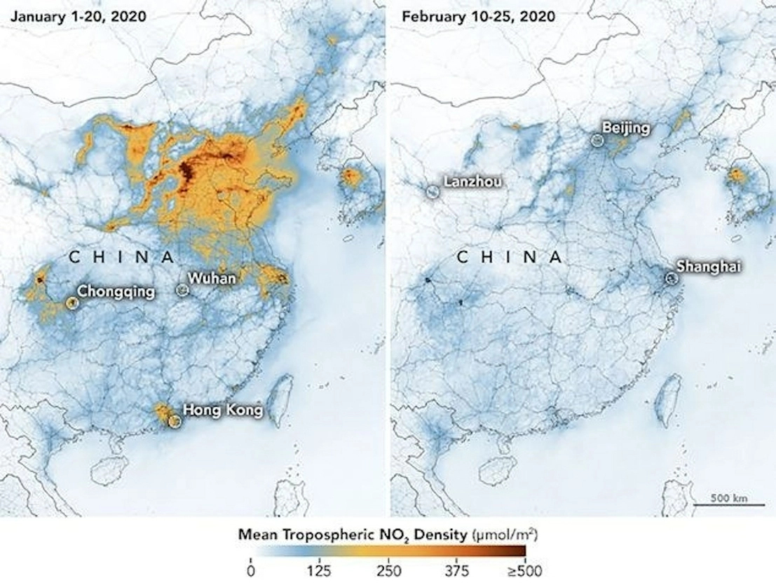 Estas imágenes de satélite captadas por la NASA en 2020 muestran una caída drástica de la contaminación en China, la cual estuvo "parcialmente relacionada" con la desaceleración económica debido al brote de coronavirus, informó la agencia espacial estadunidense. Foto NASA vía Ap / Archivo