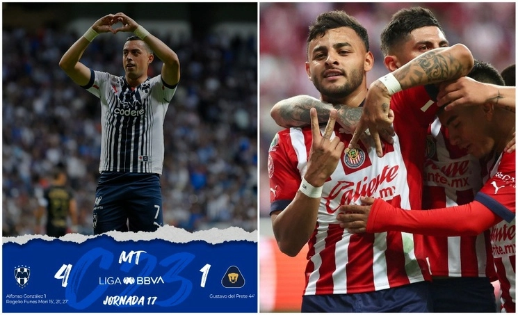 Rogelio Funes Mori, de Monterrey, y Alexis Vega, de Chivas, celebran sus respectivos tantos. Foto @LigaBBVAMX e Instagram Chivas 