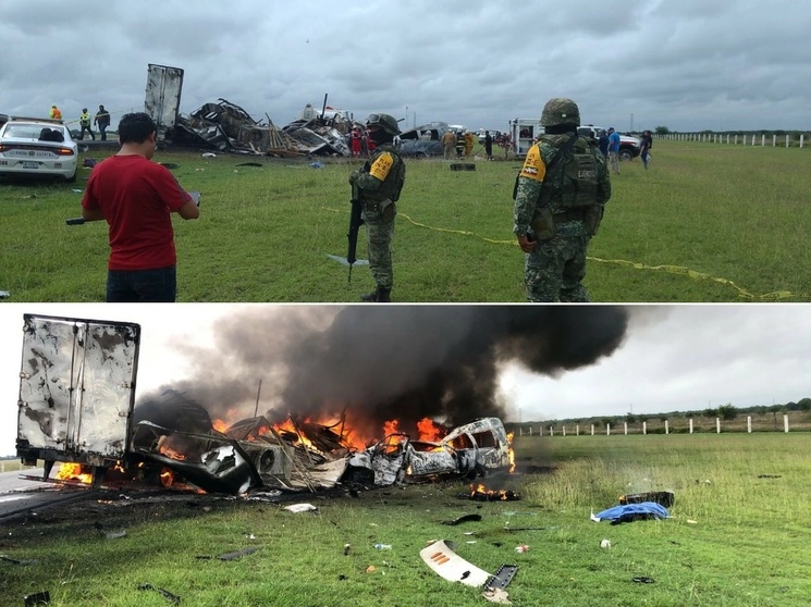 Elementos de la Cruz Roja recuperaron los cuerpos de una mujer y un bebé que perecieron tras el choque de una camioneta y un tráiler, con saldo de 27 personas muertas, en el municipio de Güémez, Tamaulipas; elementos de la 48 Zona Militar aplicaron el plan DN-III-E. Foto Martín Sánchez Treviño



