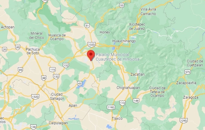 Un muerto y dos heridos es el saldo del enfrentamiento ocurrido entre policías y presuntos ladrones de combustible en el municipio de Cuautepec de Hinojosa, en los límites de Hidalgo con Puebla. Imagen tomada de Google Maps