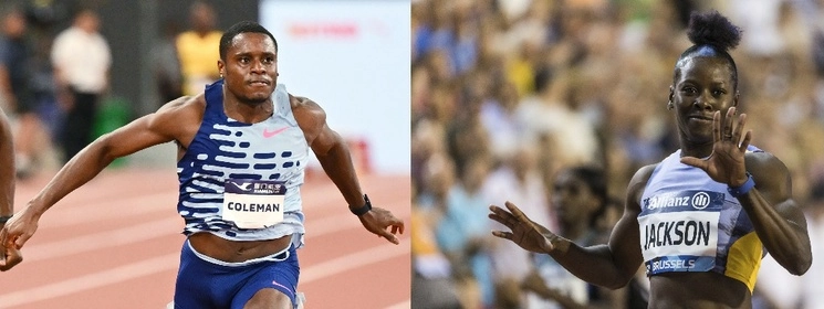 Los velocistas Christian Coleman y Shericka Jackson, campeones de 100 metros planos en la Liga de Diamante de Eugene, EU. Foto Afp y Ap 