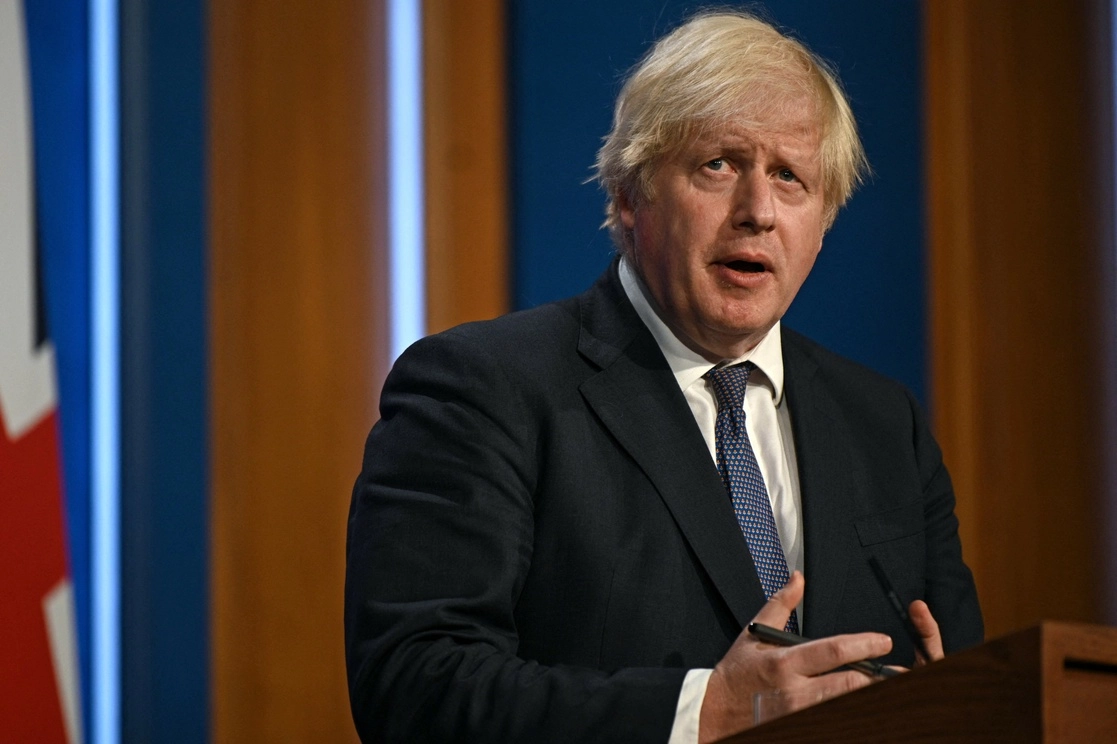 El primer ministro británico, Boris Johnson, durante una conferencia de prensa virtual sobre las restricciones impuestas por la pandemia, el 12 de julio de 2021. Foto  Afp 