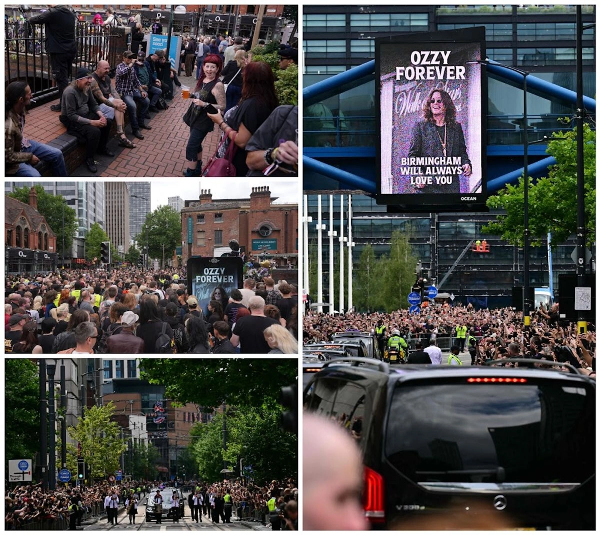 Cientos de seguidores de Ozzy Osbourne estuvieron hombro con hombro durante el recorrido de la carroza fúnebre que transportó el ataúd del líder de Black Sabbath, la cual se dirigió desde su casa de la infancia en Aston hasta Broad Street. Foto 