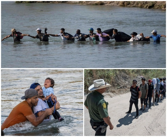 El cruce de indocumentados a través del río Bravo se ha disparado en las últimas semanas, con todos los peligros que ello implica, pues al llegar a la zona limítrofe con EU se encuentran con una alambrada de púas y a los agentes de la Patrulla Fronteriza. Las imágenes, en la zona de Eagle Pass, en Texas. Foto Afp 