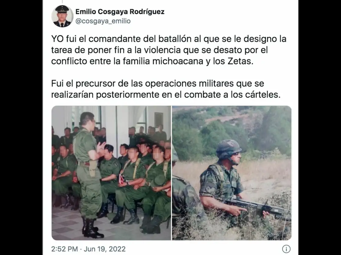 Desde cuentas en redes sociales a nombre del coronel Emilio Cosgaya Rodríguez, preso desde el 18 de junio de 2019 en el Centro Federal de Readaptación Social número 1 del Altiplano, se publican mensajes criticando la política de seguridad de la actual administración. Imagen tomada del Twitter de @cosgaya_emilio