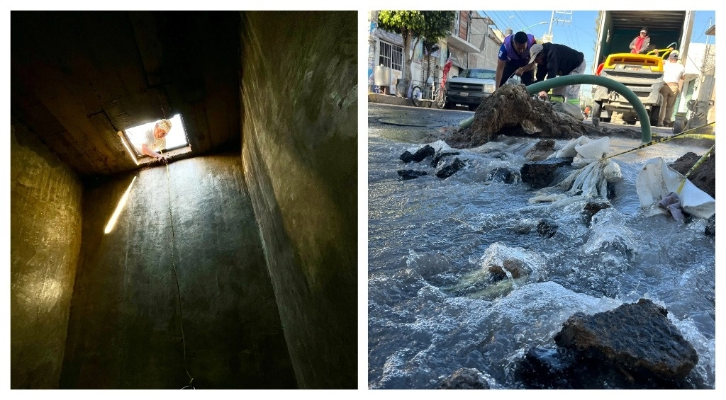 Mientras en la colonia Tizitlipa (izquierda), alcaldía Xochimilco, los habitantes denunciaron que suman 15 días sin suministro de agua potable, en la calle Cinco de Mayo, esquina Manuel Cañas, en Santa Cruz Meyehualco, Iztapalapa, los residentes informaron de una gran fuga. La Conagua ha señalado que la sequía afecta a casi dos tercios del país y que el sistema Cutzamala registra 39.3 por ciento de llenado. En Chihuahua e Hidalgo las presas Parral y El Durazno fueron reportadas secas. Fotos Luis Castillo y Alfredo Domínguez 