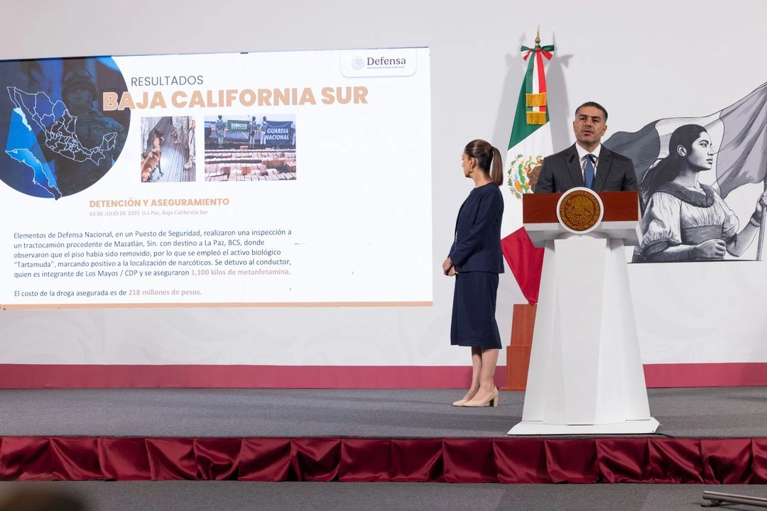El secretario de Seguridad y Protección Ciudadana, Omar García Harfuch, durante la conferencia presidencial matutina en Palacio Nacional, en la Ciudad de México, el 8 de julio de 2025. 