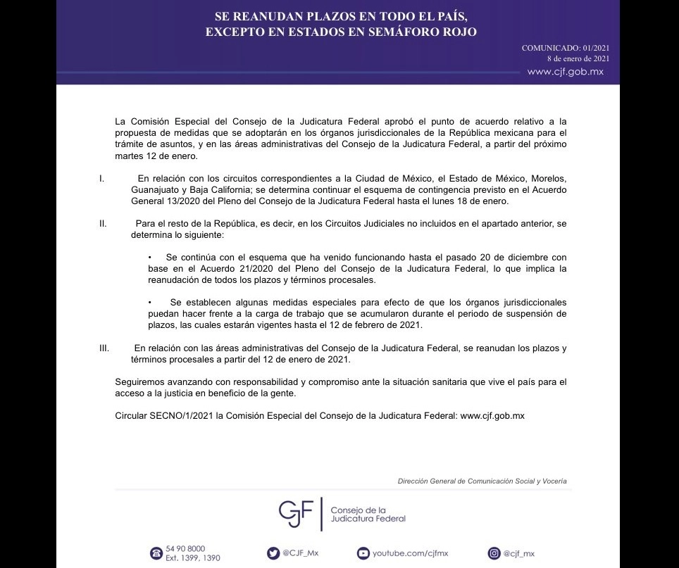 Comunicado del Consejo de la Judicatura Federal sobre la reanudación de plazos, a excepción de entidades en semáforo rojo. Foto Tomada del Twitter @CJF_Mx