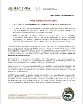 La CNBV difundió un comunicado al respecto.