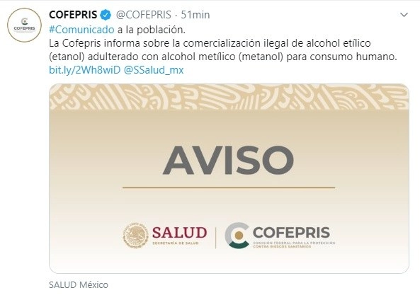 La Cofepris investiga la adulteración del alcohol etílico en Jalisco. Foto @COFEPRIS