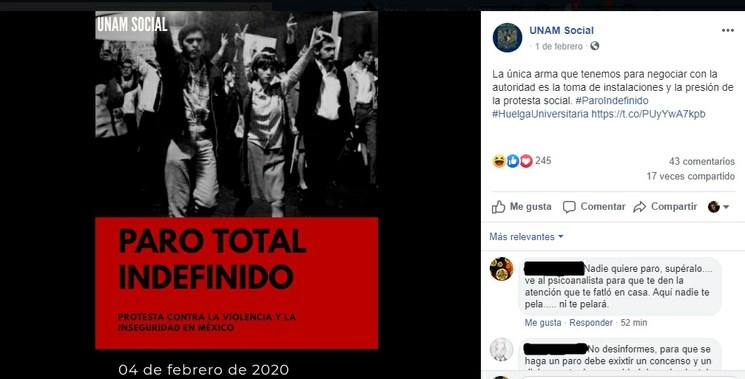 La imagen es de la convocatoria a paro total emitido desde la cuenta en Facebook UNAM Social y que ha sido desconocido por colectivos estudiantiles 