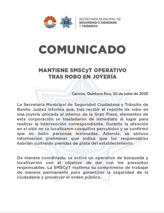 Comunicado de la Secretaría de seguridad de Benito Juárez (Cancún). Foto