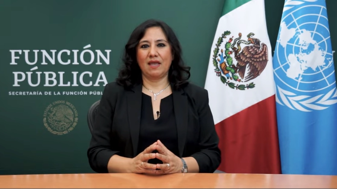 Irma Eréndira Sandoval, secretaria de la Función Pública durante su mensaje a la Asamblea de la ONU contra la corrupción. Foto @SFP_mx