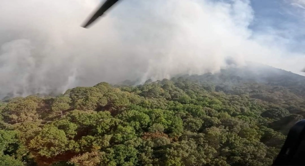 Casi un centenar de brigadistas forestales de los tres niveles de gobierno continúan con el combate del incendio del Cerro de San Juan que inició el mediodía del pasado viernes 14. Foto Luis Sánchez