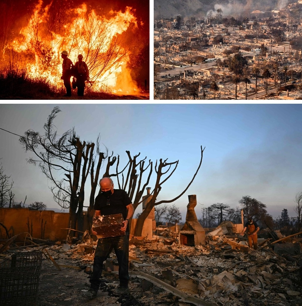Bomberos reportaron ayer los primeros indicios de combate exitoso de los devastadores incendios, aunque el fuego aún ardía sin control. En Pacific Palisades sólo quedaron los contornos de las casas y sus chimeneas. Fotos Ap y Afp