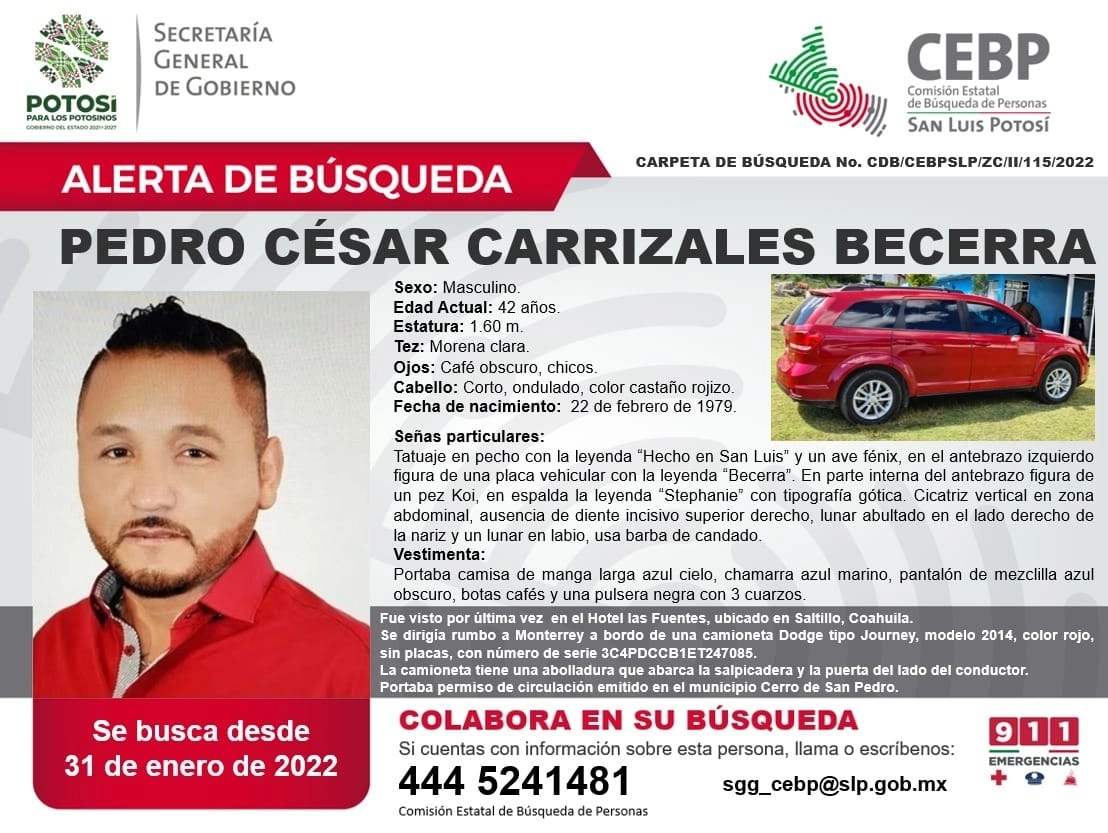 La Comisión Estatal de Búsqueda de Personas de San Luis Potosí informó que es coadyuvante en la búsqueda del ex diputado Pedro César Carrizales Becerra, en el estado de Nuevo León. Foto ‘La Jornada’