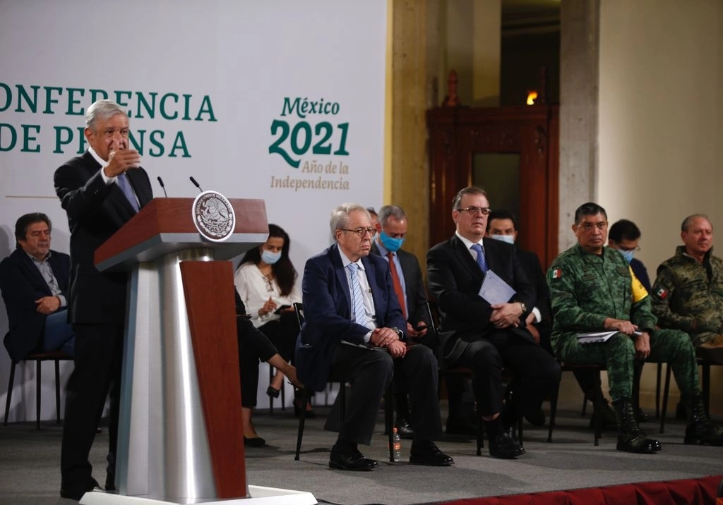 El presidente de México Andrés Manuel López Obrador durante la conferencia de prensa matutina en Palacio Nacional, el 28 de mayo de 2021. Foto Guillermo Sologuren
