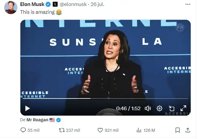 El video, compartido por Elon Musk, muestra a Kamala Harris en un supuesto discurso. Sin embargo, el contenido fue producido con uso de IA. Foto Tomada de X @elonmusk