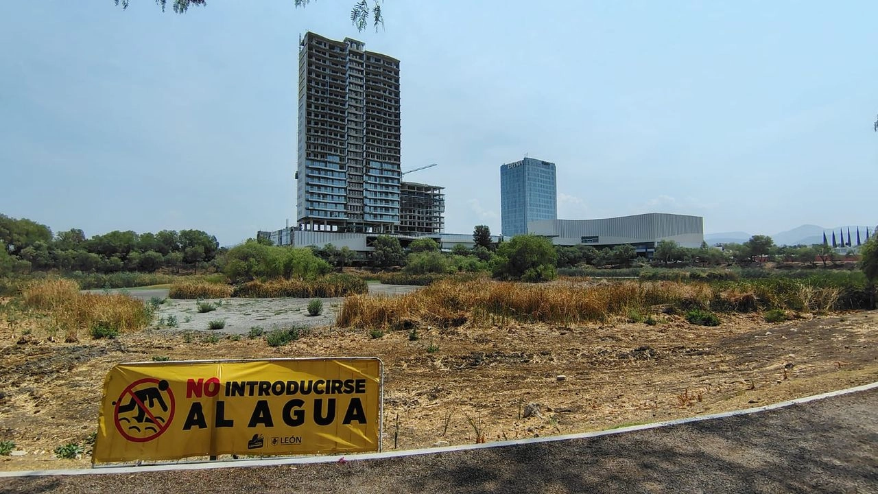 Un aspecto del humedal ya seco del parque Los Cárcamos en la ciudad de León, Guanajuato. Al fondo, los avances del proyecto inmobiliario City Center, que contará con un centro comercial, una torre residencial y otra de oficinas, así como un hotel. Foto 
