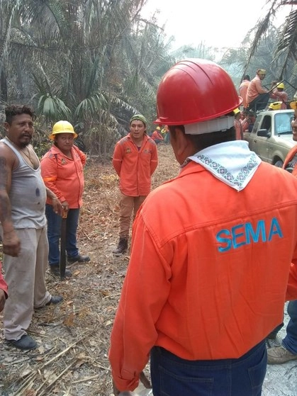 Trabajadores del INAH, Conafor, Sema de Quintana Roo y voluntarios atienen incendio en Ichkabal. Foto de Twitter @semaqroo