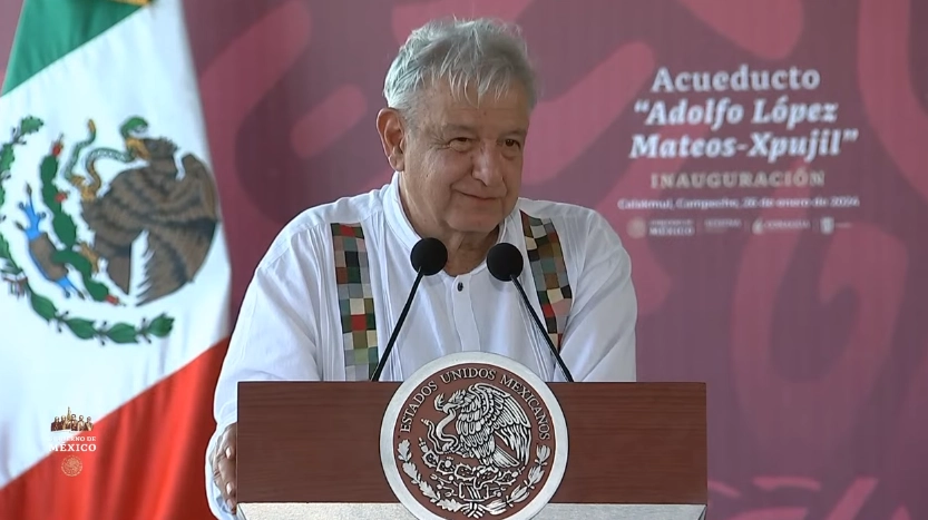 El presidente Andrés Manuel López Obrador durante la inauguración del Acueducto “Adolfo López Mateos – Xpujil. Fotograma tomado del video emitido por Gobierno de México