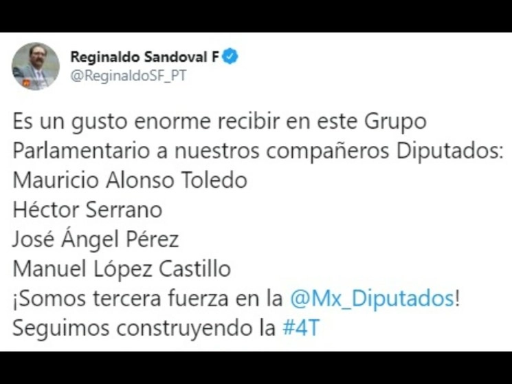 El grupo parlamentario del PT en la Cámara de Diputados informó que cuenta con 47 integrantes, uno más que el PRI y que, en ese sentido, le corresponde presidir la Cámara de Diputados en el último año de la legislatura. Imagen tomada del Twitter de @ReginaldoSF_PT 